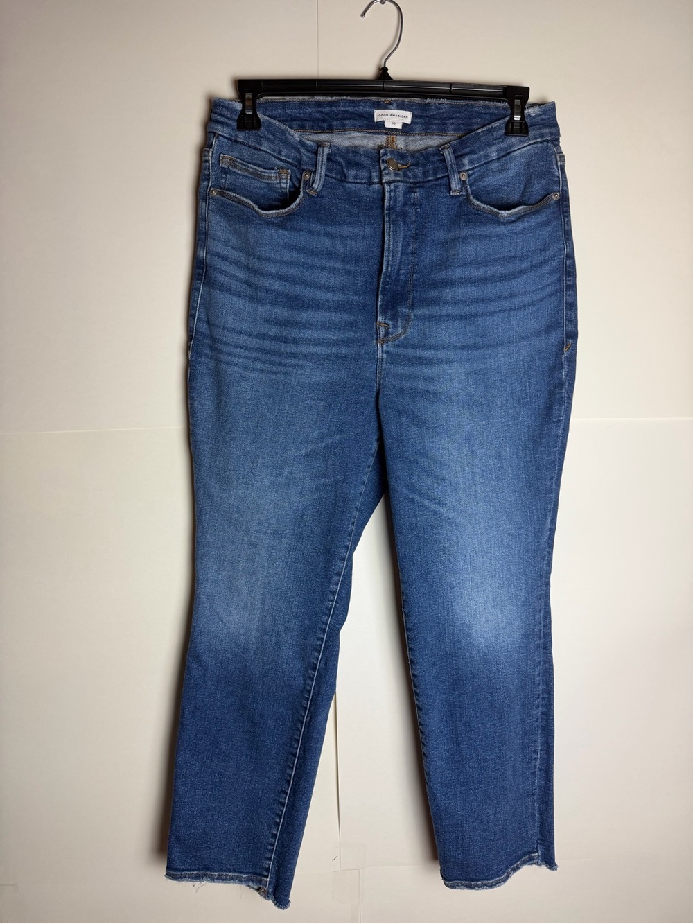Good American Good Classic Jeans Size 16 Distressed Raw Hem Straight Leg Denim